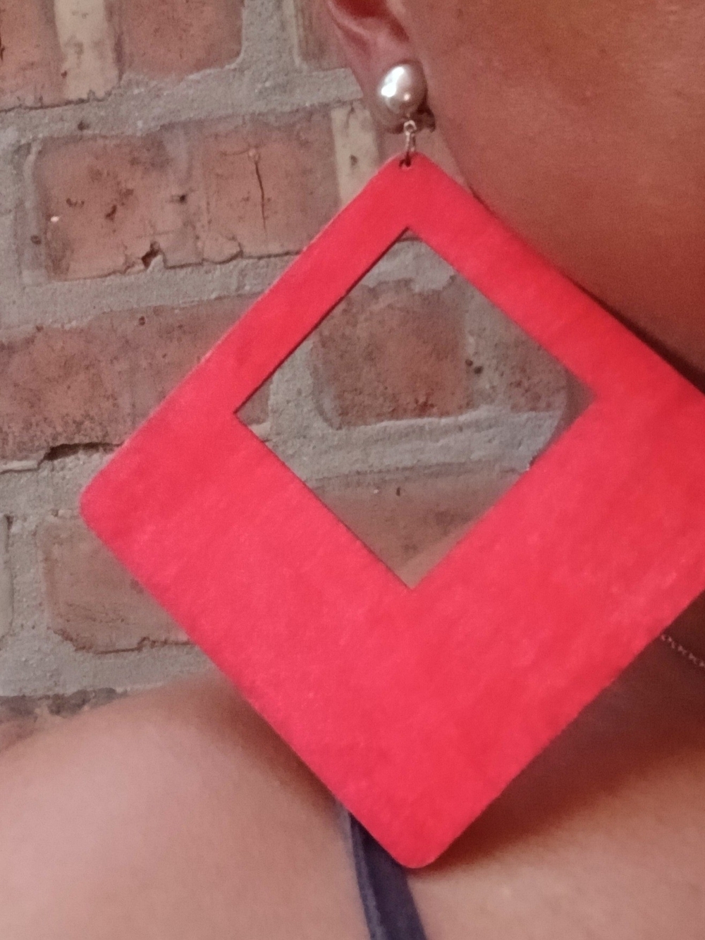 Clip On Bold Red Geometric Square Drop Earrings